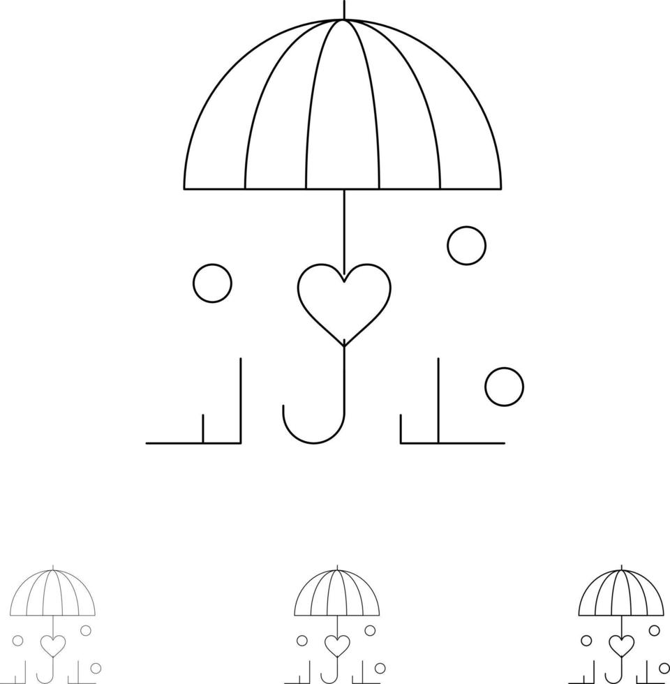 försäkring paraply säkra kärlek djärv och tunn svart linje ikon uppsättning vektor