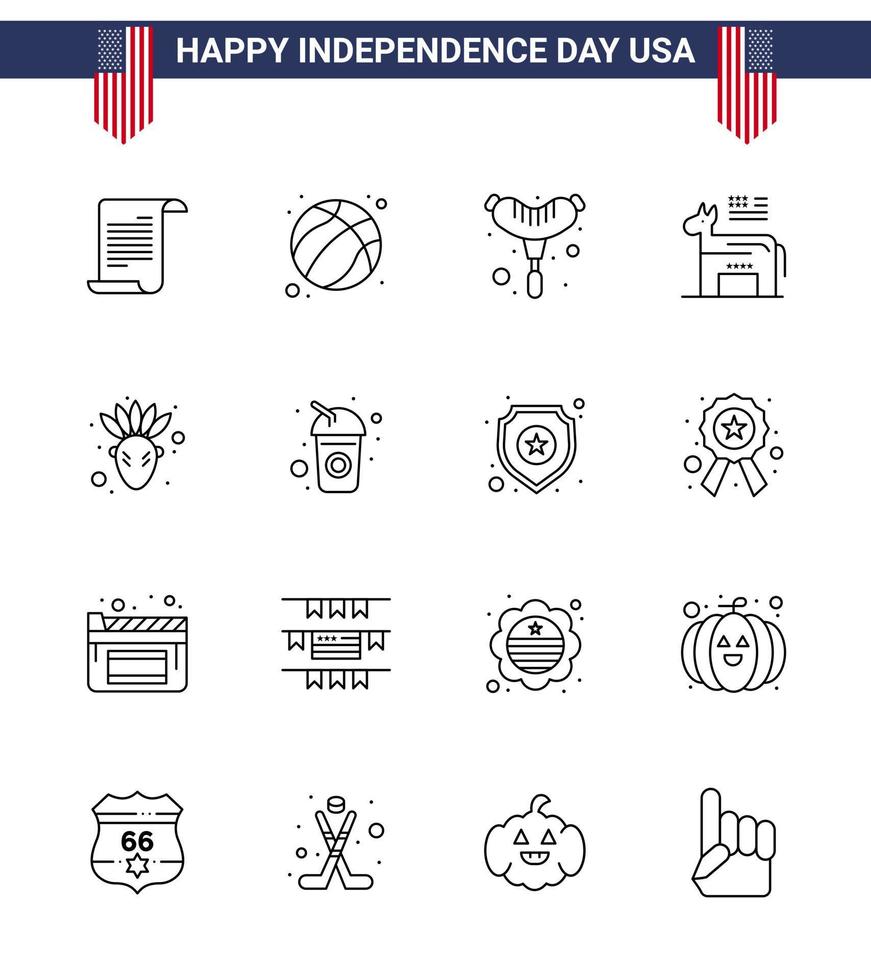 Happy Independence Day Pack mit 16 Zeilen Zeichen und Symbolen für Thanksgiving American Food Symbol American Editable Usa Day Vector Design Elements