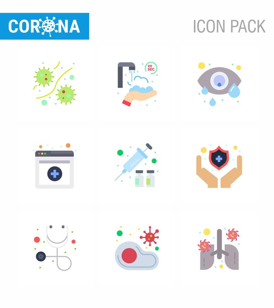 Symbol für Coronavirus-Bewusstsein 9 flache Farbsymbole enthalten Schutzdienste, die online menschliches Auge waschen virales Coronavirus 2019nov-Krankheitsvektor-Designelemente vektor