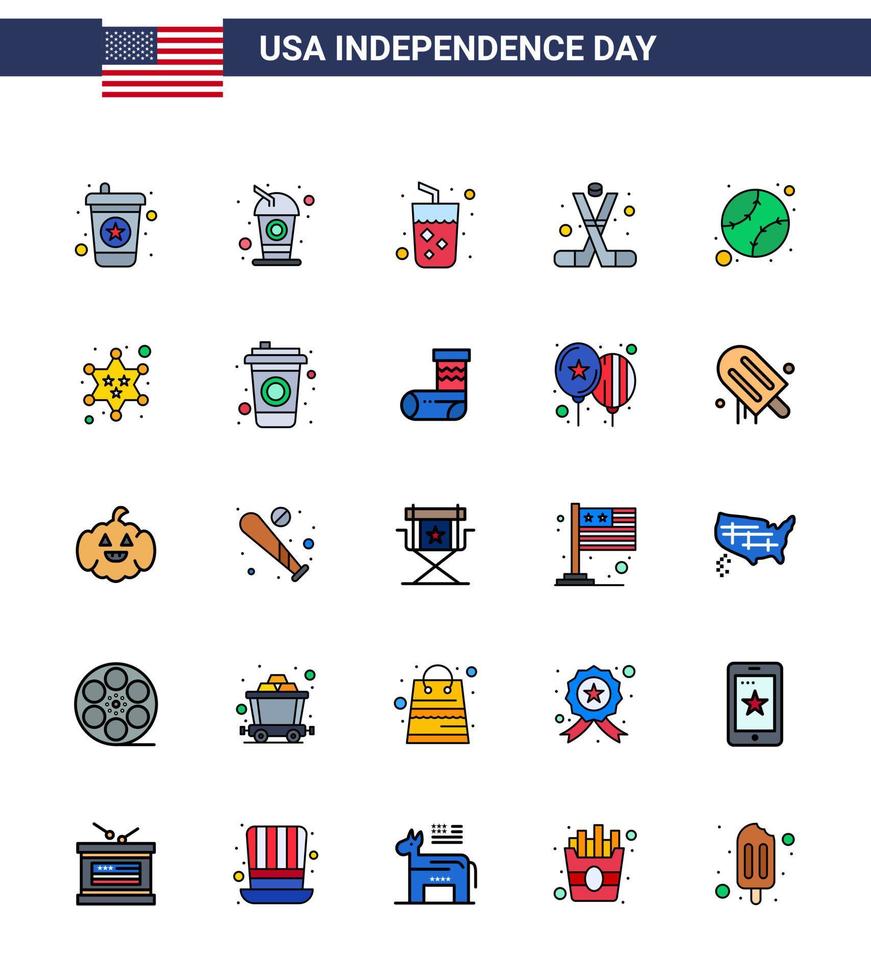 packung mit 25 usa unabhängigkeitstag feier flach gefüllte linien zeichen und 4. juli symbole wie baseball amerika trinken amerikanisches eishockey editierbare usa tag vektor design elemente