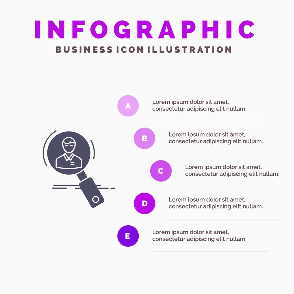 suche mitarbeiter hr jagen persönliche ressourcen fortsetzen solides symbol infografiken 5 schritte präsentationshintergrund vektor