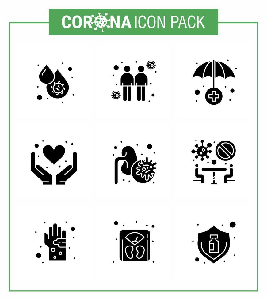 Coronavirus 9 Solid Glyph Black Icon Set zum Thema Corona-Epidemie enthält Icons wie Epidemic Health Care Transmitters Heart Care Virus Coronavirus 2019nov Disease Vector Design Eleme