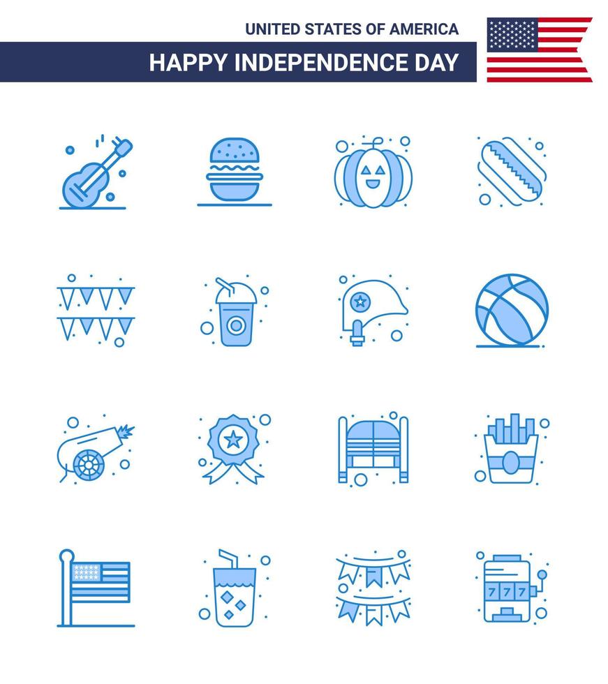 16 blaue Schilder für Usa-Unabhängigkeitstag-Flaschengirlanden-Food-Festival-Hotdog editierbare Usa-Tag-Vektordesign-Elemente vektor