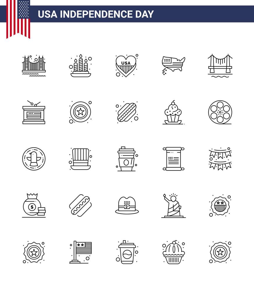 25 linje tecken för USA oberoende dag bro tacksägelse ljus Karta USA redigerbar USA dag vektor design element