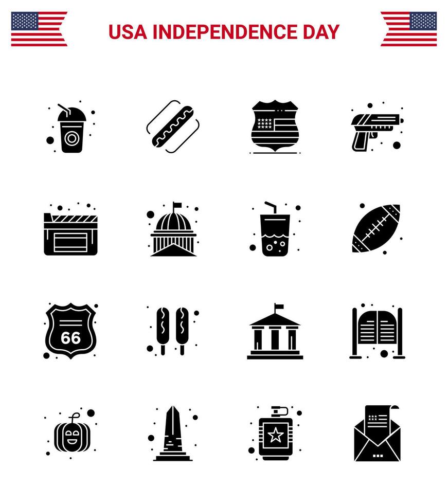 stock vektor ikon packa av amerikan dag 16 fast glyf tecken och symboler för bio vapen skydda armén pistol redigerbar USA dag vektor design element