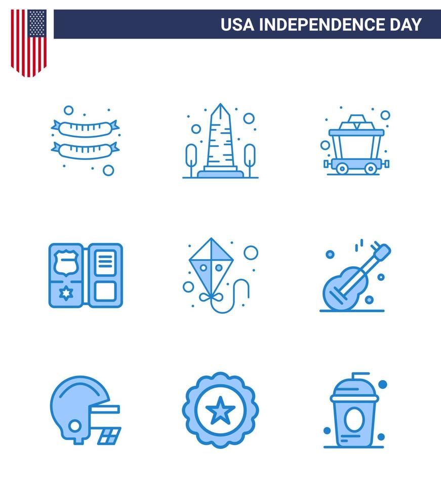 packung mit 9 usa unabhängigkeitstag feier blues zeichen und 4. juli symbole wie fliegender drachenwagen sternschild editierbare usa tag vektordesignelemente vektor