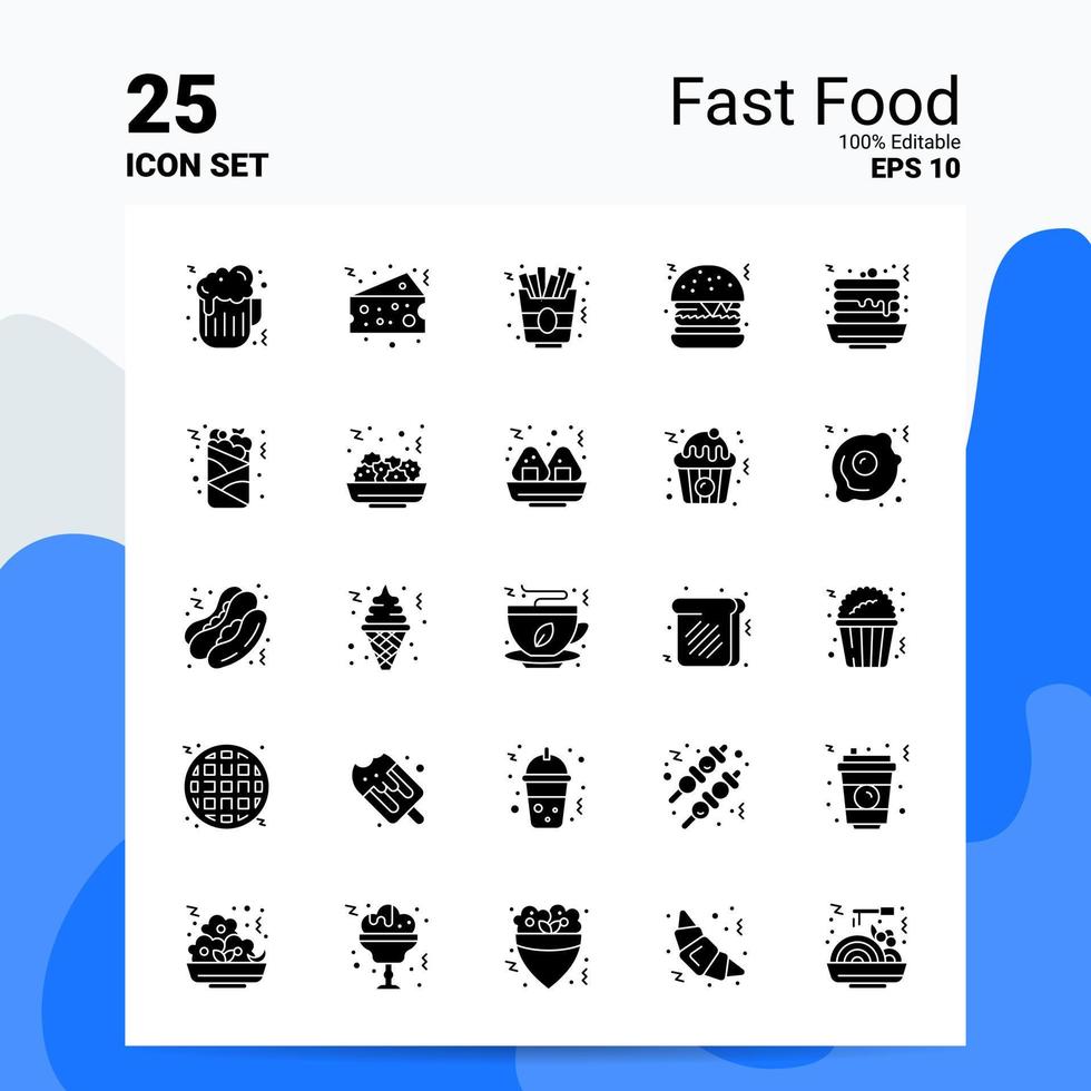 25 Fast-Food-Icon-Set 100 bearbeitbare Eps 10-Dateien Business-Logo-Konzept-Ideen solides Glyphen-Icon-Design vektor