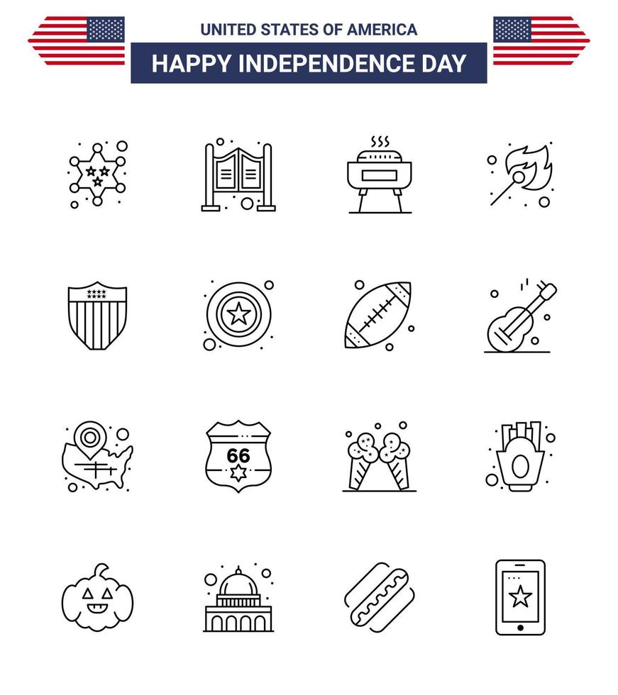 Happy Independence Day Pack mit 16 Zeilen Zeichen und Symbolen für Schild Outdoor Grill Match Camping editierbare Usa Day Vektor Design Elemente