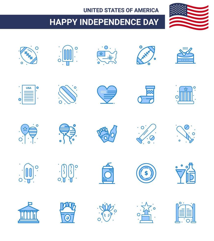 Aktienvektor-Icon-Pack mit amerikanischen Tag 25 blauen Zeichen und Symbolen für Musiktrommelstaaten Usa-Fußbal editierbare Usa-Tag-Vektordesign-Elemente vektor