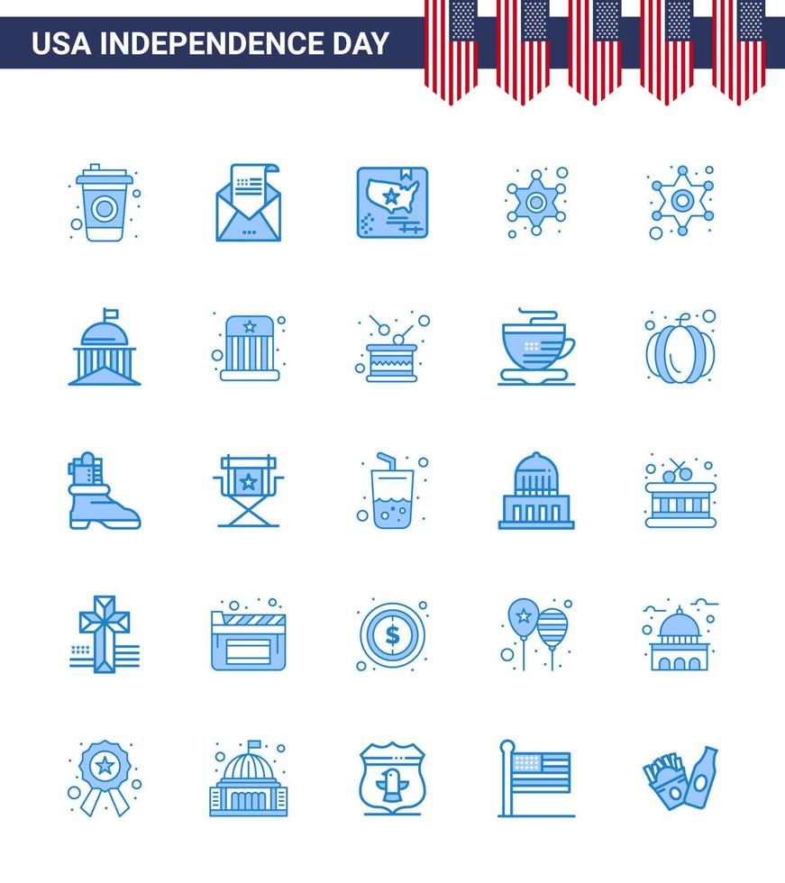 Lycklig oberoende dag USA packa av 25 kreativ blues av flagga polis tecken amerikan stjärna män redigerbar USA dag vektor design element