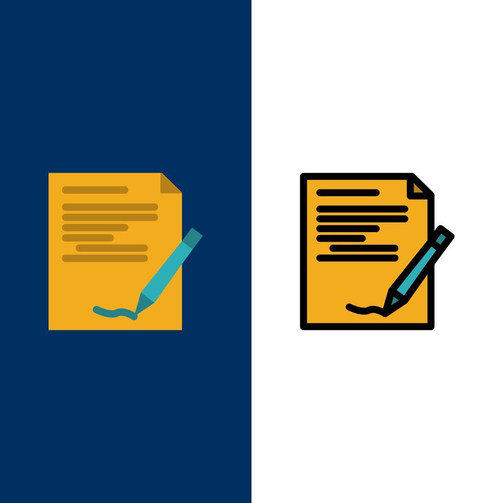 Vereinbarung Papier Dokument Hinweis Bericht Symbole flach und Linie gefüllt Icon Set Vektor blauen Hintergrund