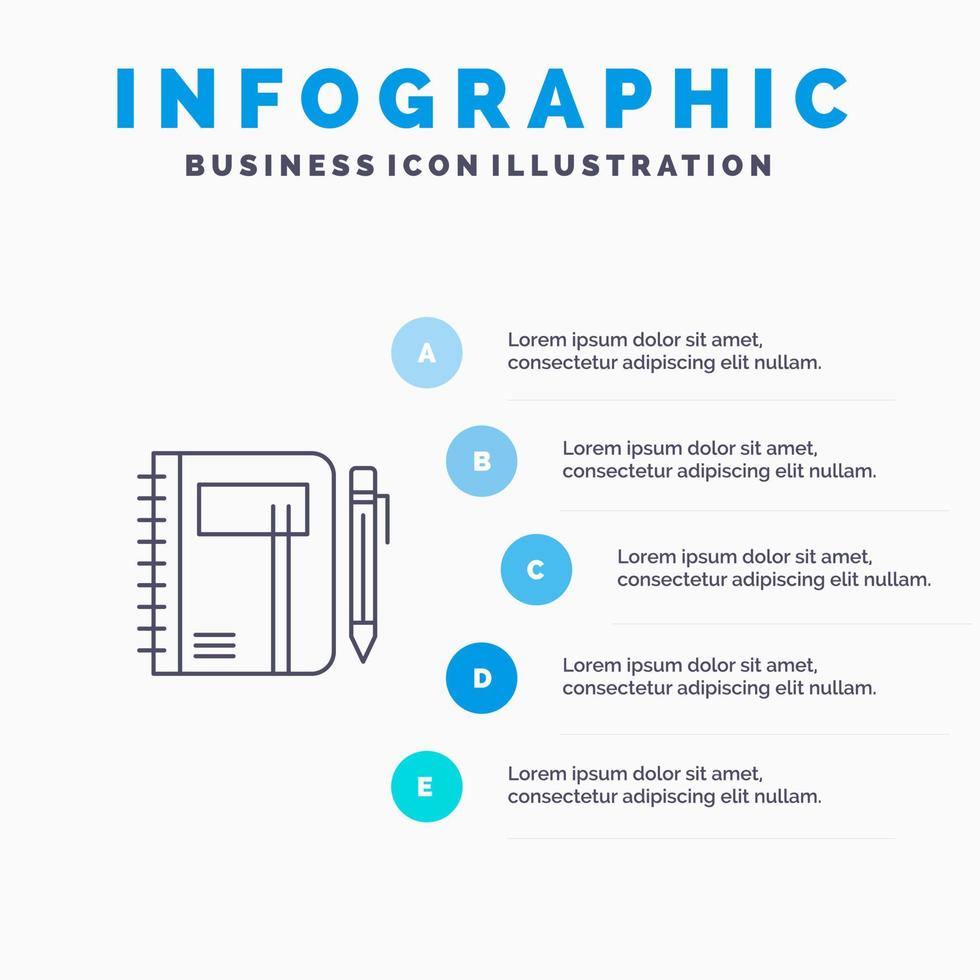 arbetsbok företag notera anteckningsblock vaddera penna skiss linje ikon med 5 steg presentation infographics bakgrund vektor