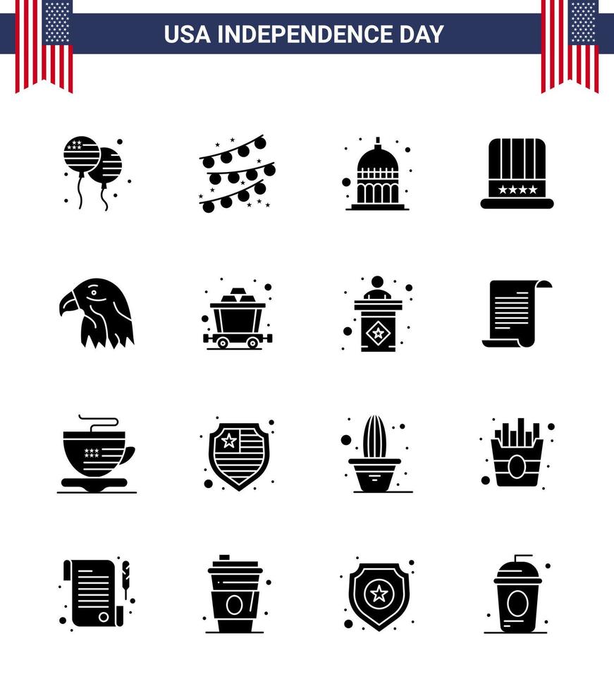 Happy Independence Day 16 Solid Glyphs Icon Pack für Web und Print Adler Tier Indianapolis Usa Cap editierbare Usa Day Vektordesign-Elemente vektor