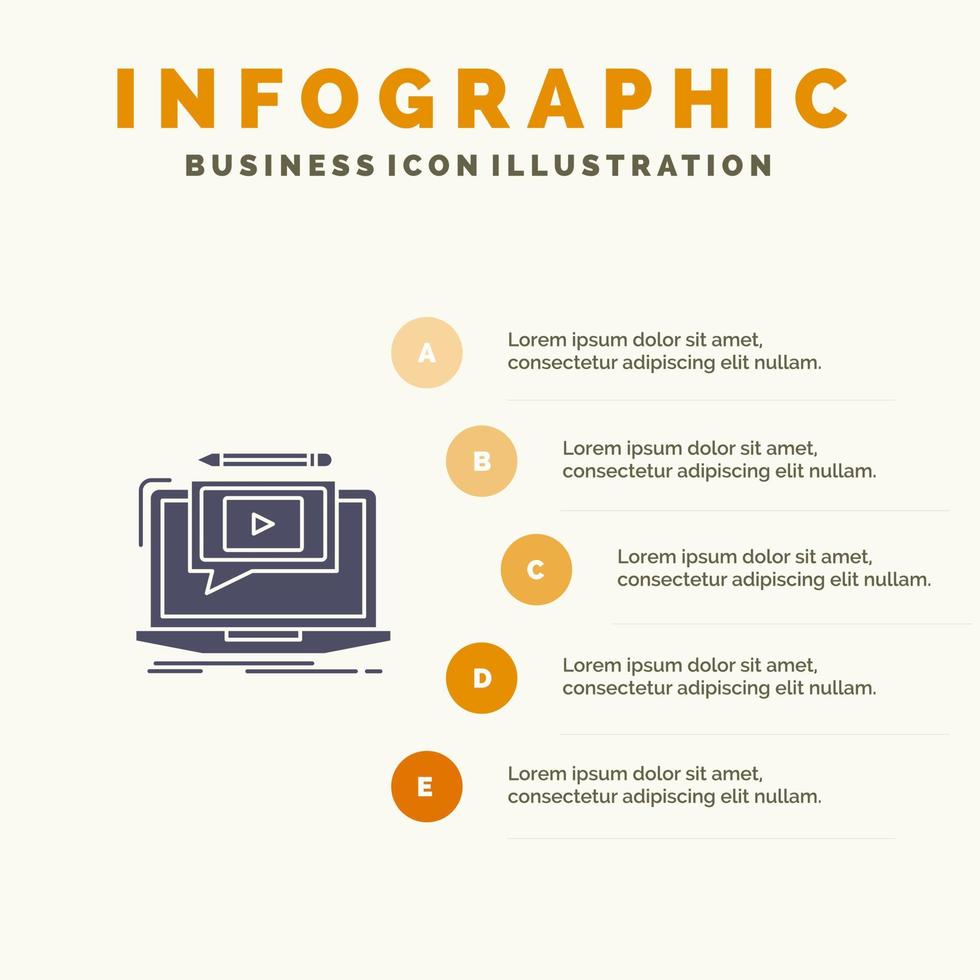 Laptop-Player-Bildschirm Tutorial-Video solides Symbol Infografiken 5 Schritte Präsentationshintergrund vektor