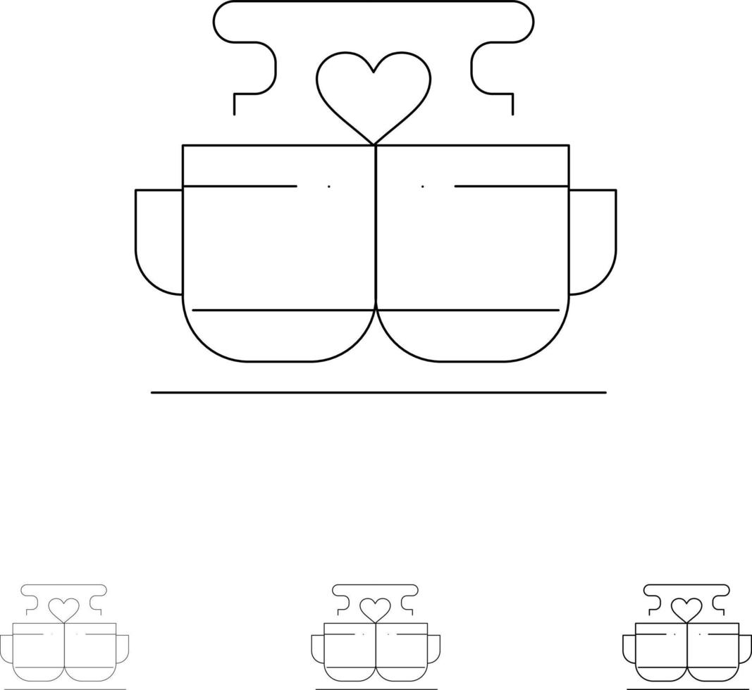 Tasse Kaffee Liebe Herz Valentinstag Fett und dünne schwarze Linie Symbolsatz vektor