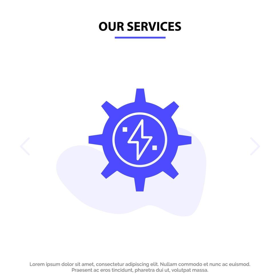 unsere dienstleistungen getriebe energie solarenergie solide glyph icon web card template vektor