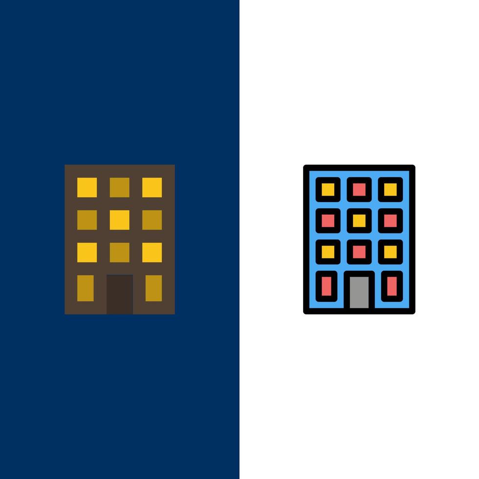 Gebäude Gebäude Bau Symbole flach und Linie gefüllt Icon Set Vektor blauen Hintergrund