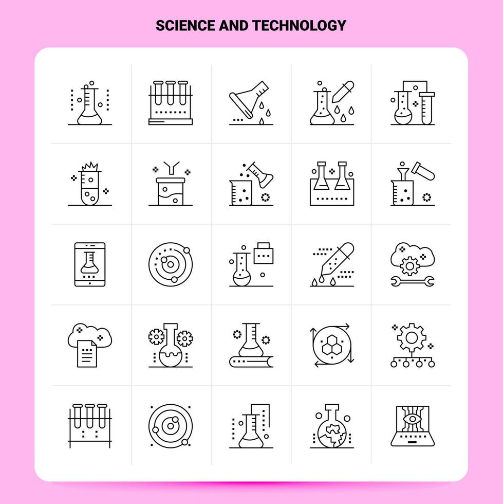 Umriss 25 Wissenschaft und Technologie Icon Set Vektor Linienstil Design schwarze Icons Set lineares Piktogrammpaket Web und mobile Geschäftsideen entwerfen Vektorillustration