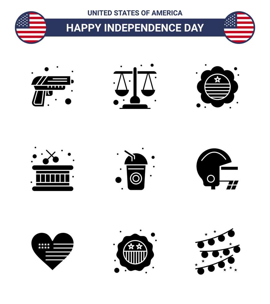 Stock Vector Icon Pack von American Day 9 Zeilenzeichen und Symbolen für Getränkeflasche Country Sticks Drum editierbare Usa Day Vektor Design Elemente