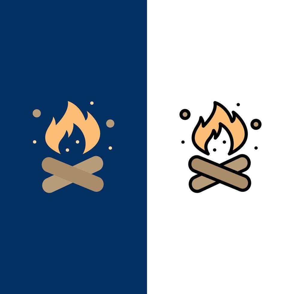 Camp Camping Feuer heiße Natur Symbole flach und Linie gefüllt Icon Set Vektor blauen Hintergrund