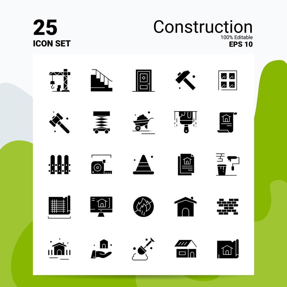 25 Bau-Icon-Set 100 bearbeitbare Eps 10 Dateien Business-Logo-Konzept-Ideen solides Glyphen-Icon-Design vektor