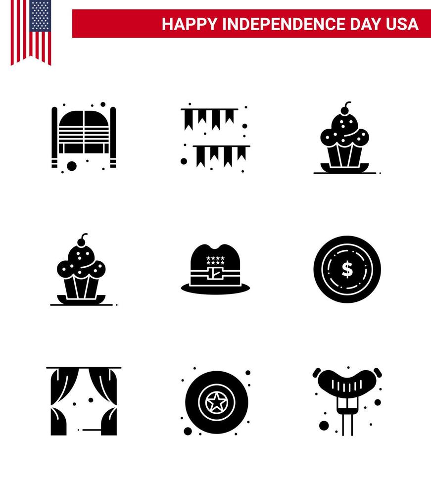 Happy Independence Day Pack mit 9 soliden Glyphen Zeichen und Symbolen für amerikanische Hutdekoration Thanksgiving Muffin editierbare Usa Day Vektordesign-Elemente vektor
