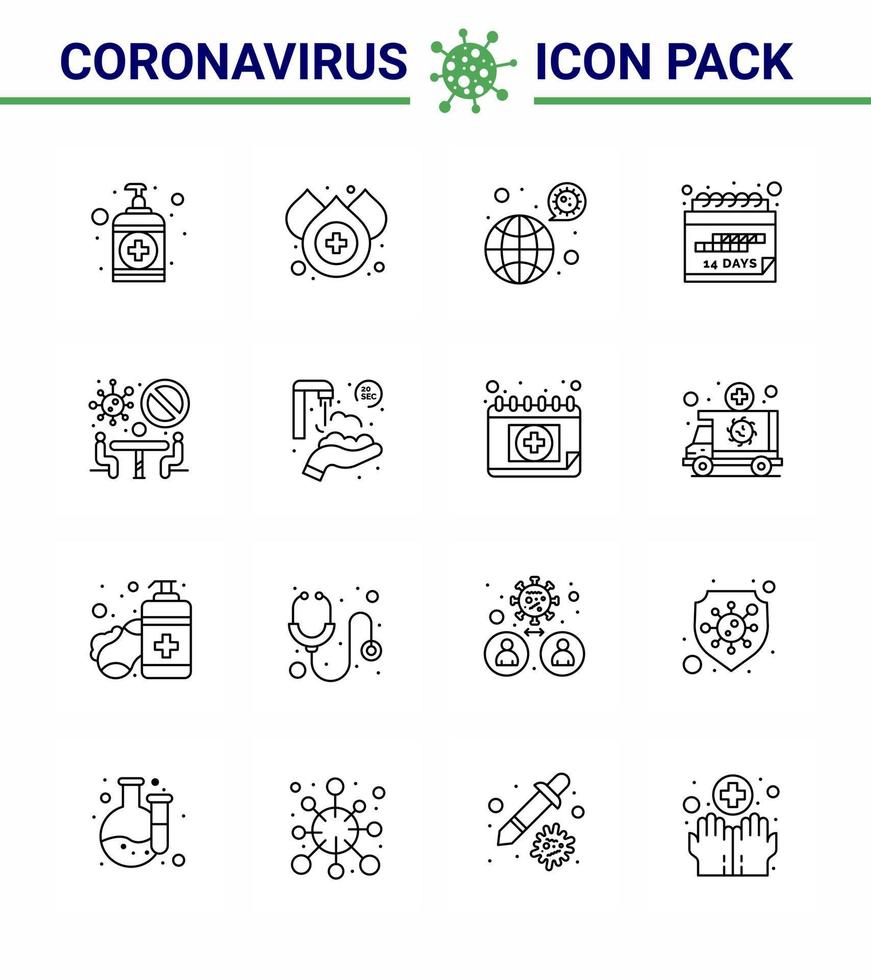 Symbole zur Vorbeugung von Coronaviren 16-zeiliges Symbol wie Konferenzplan Bakterien Quarantänedatum virales Coronavirus 2019nov Krankheitsvektor Designelemente vektor