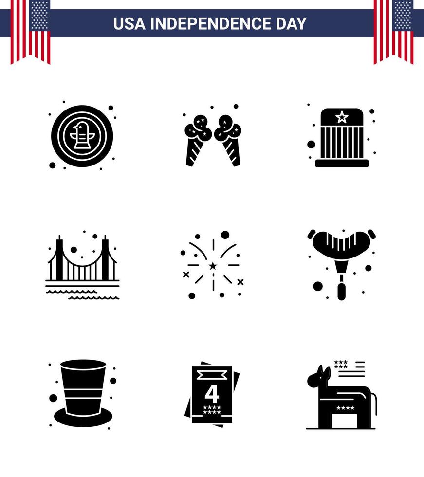 Packung mit 9 kreativen usa-unabhängigkeitstag-bezogenen soliden glyphen des tourismus golden american gate hat editierbare usa-tag-vektordesignelemente vektor