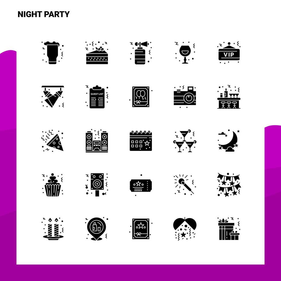 25 natt fest ikon uppsättning fast glyf ikon vektor illustration mall för webb och mobil idéer för företag företag