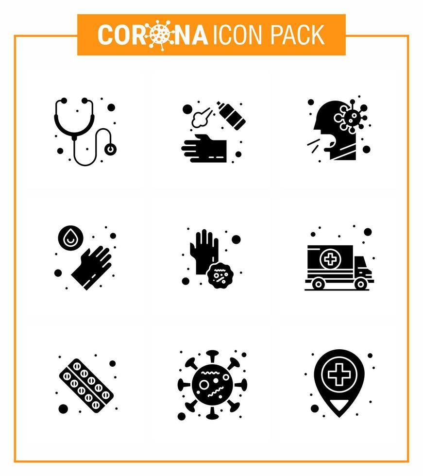 9 Solid Glyph Black Viral Virus Corona Icon Pack wie Covid Waschhusten Medical Sick Virus Coronavirus 2019nov Disease Vector Design Elemente