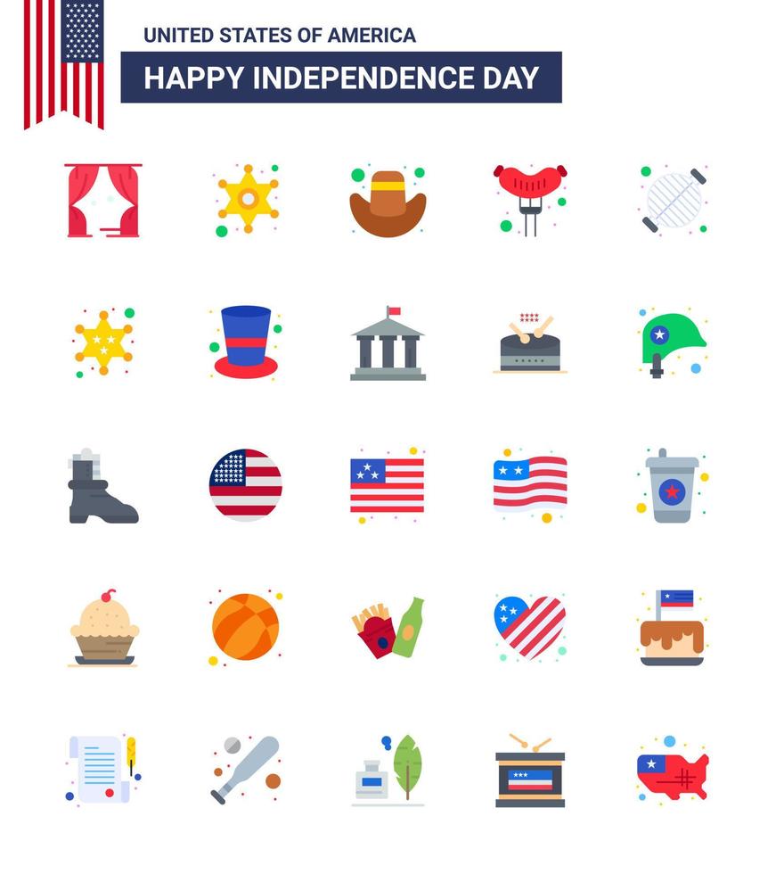 Happy Independence Day Pack mit 25 flachen Zeichen und Symbolen für Grill Barbecue American Food Frankfurter editierbare Usa-Tag-Vektordesign-Elemente vektor