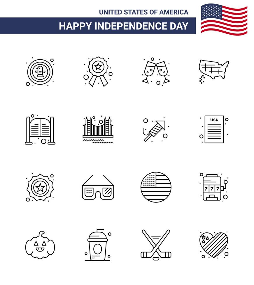 Usa Happy Independence Day Piktogrammsatz aus 16 einfachen Linien von Türen Usa-Zeichen Vereinigte Karte editierbare Usa-Tag-Vektordesign-Elemente vektor