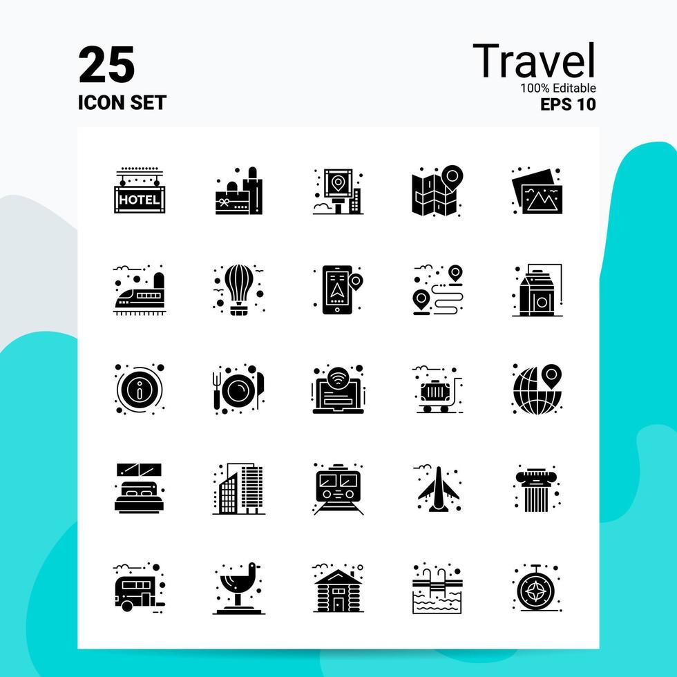 25 Reise-Icon-Set 100 bearbeitbare eps 10 Dateien Business-Logo-Konzept-Ideen solides Glyphen-Icon-Design vektor