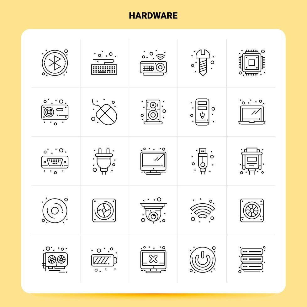 Umriss 25 Hardware Icon Set Vektor Linienstil Design schwarze Icons Set lineare Piktogramm Pack Web und mobile Geschäftsideen Design Vektor Illustration