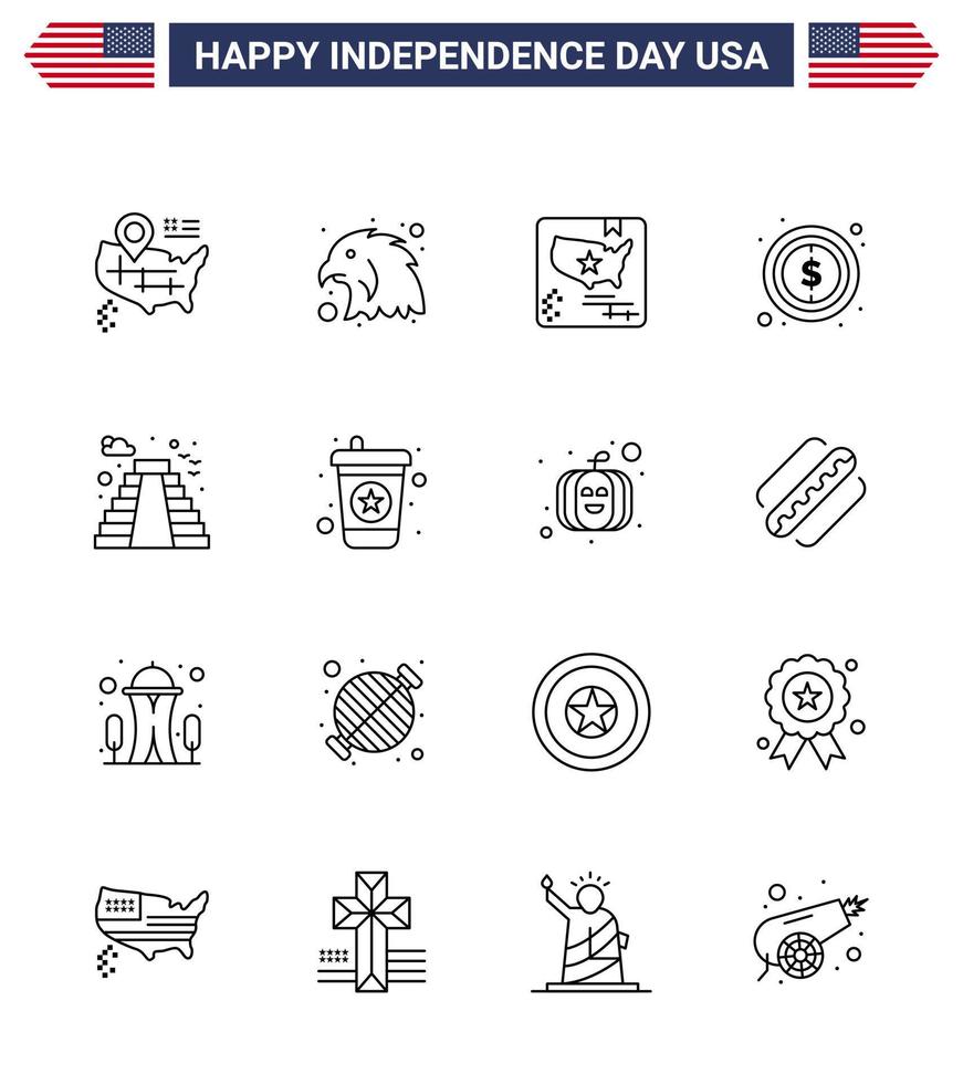 16 kreativ USA ikoner modern oberoende tecken och 4:e juli symboler av USA byggnad Karta amerikan dollar redigerbar USA dag vektor design element