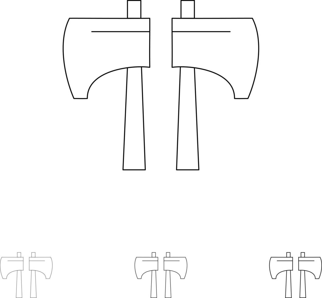 Axt hacken Holzfällerwerkzeug Fett und dünne schwarze Linie Symbolsatz vektor