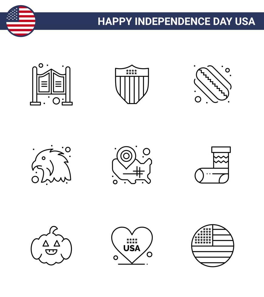stor packa av 9 USA Lycklig oberoende dag USA vektor rader och redigerbar symboler av Wisconsin stater amerikan Karta fågel redigerbar USA dag vektor design element