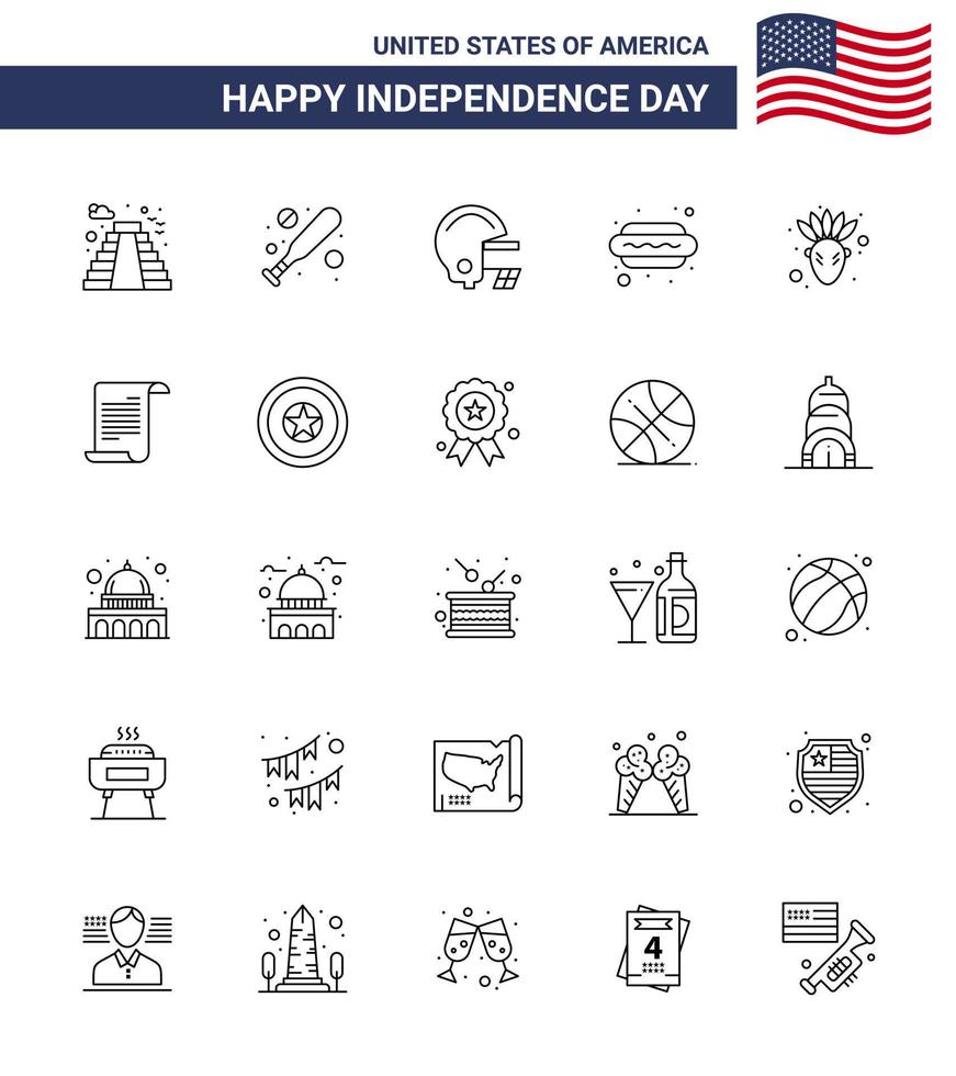 Usa Happy Independence Day Piktogrammsatz aus 25 einfachen Dateizeilen Native American Football American Food editierbare Usa Day Vektordesign-Elemente vektor