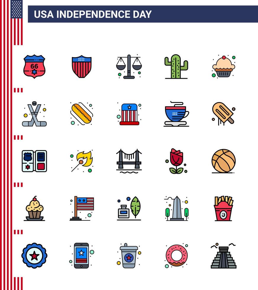 glücklicher unabhängigkeitstag 25 flach gefüllte linien icon pack für web und druck dessert american court plent kaktus editierbare usa tag vektor design elemente