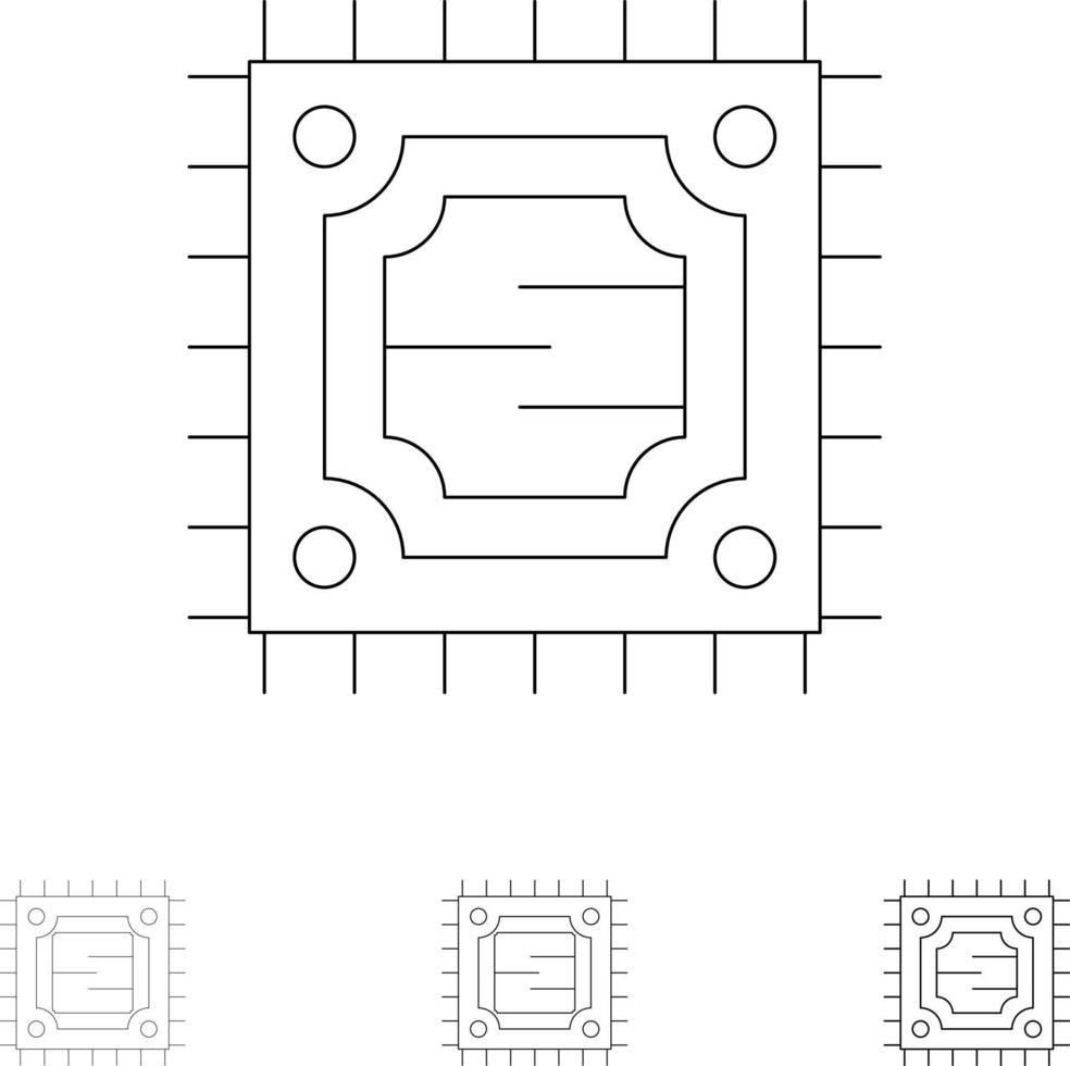cpu mikrochip processor djärv och tunn svart linje ikon uppsättning vektor