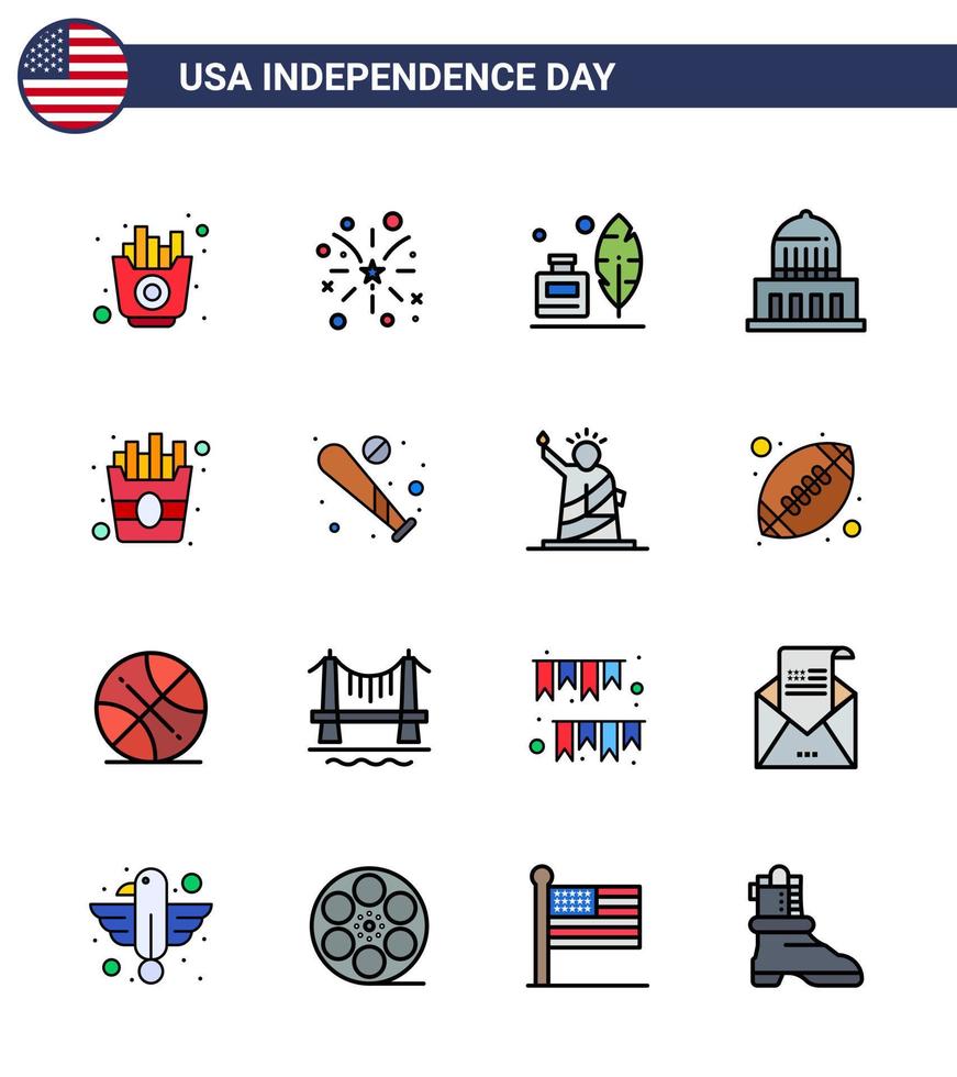 glücklicher unabhängigkeitstag paket mit 16 flach gefüllten linien zeichen und symbole für essen usa adobe wahrzeichen gebäude editierbare usa tag vektor design elemente