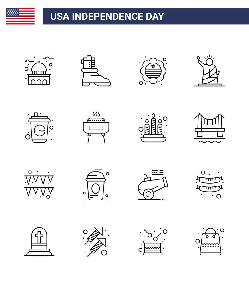 16 Zeilenzeichen für Usa-Unabhängigkeitstag-Flaschenstatue Land der Wahrzeichen editierbare Usa-Tag-Vektordesign-Elemente vektor