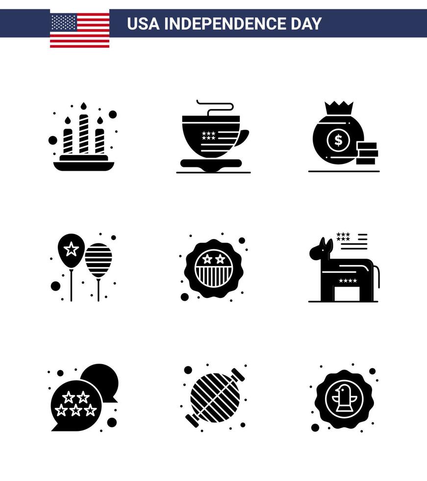 Happy Independence Day Pack mit 9 soliden Glyphen Zeichen und Symbolen für Abzeichen American Money America Flag Day editierbare Usa Day Vektordesign-Elemente vektor