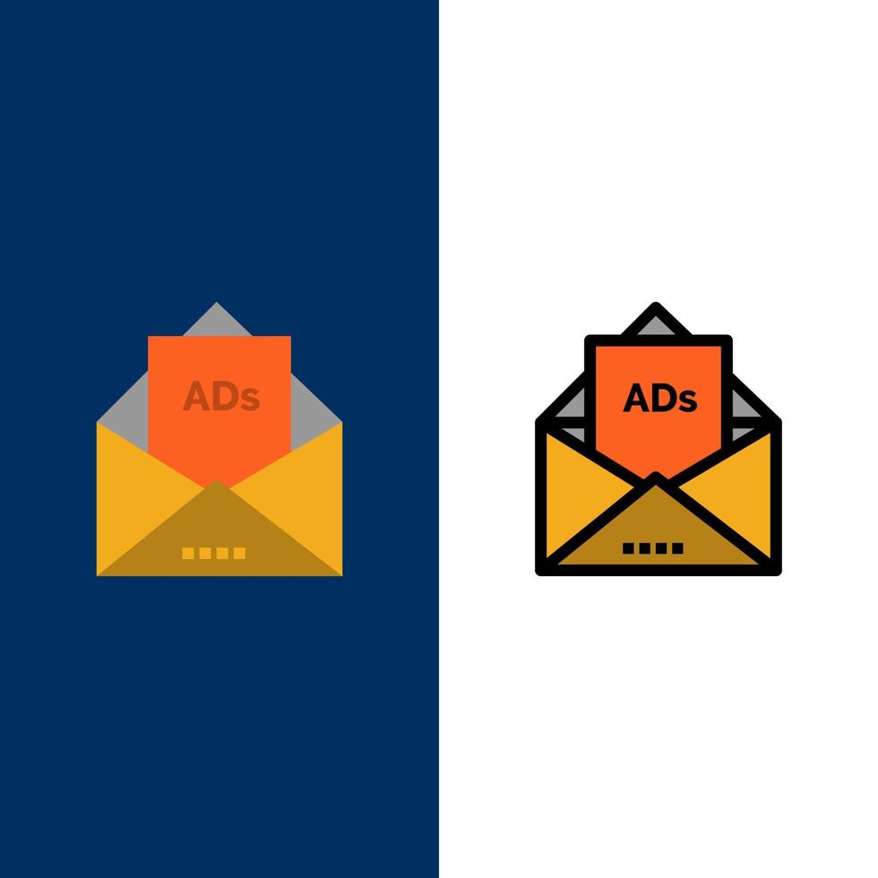Anzeige Werbung E-Mail-Brief-Mail-Symbole flach und Linie gefüllt Symbolsatz Vektor blauen Hintergrund