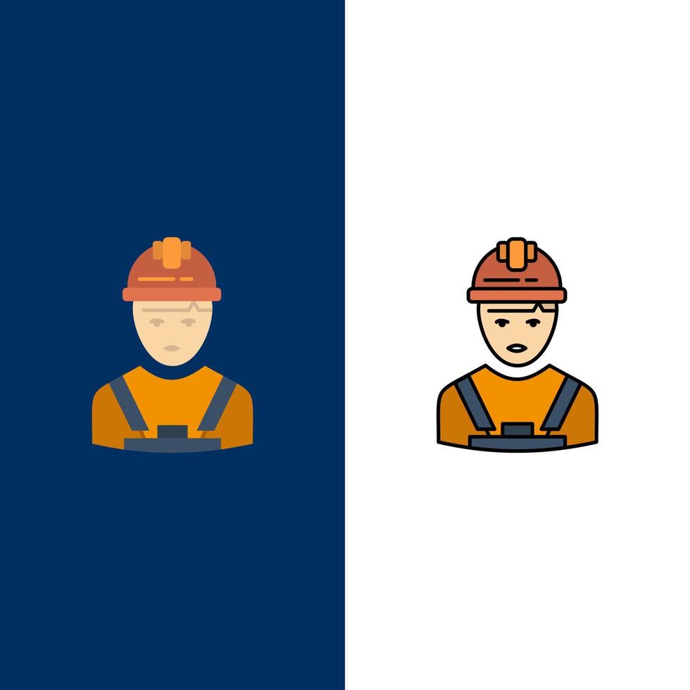 Arbeiter Industrie Avatar Ingenieur Supervisor Symbole flach und Linie gefüllt Icon Set Vektor blauen Hintergrund