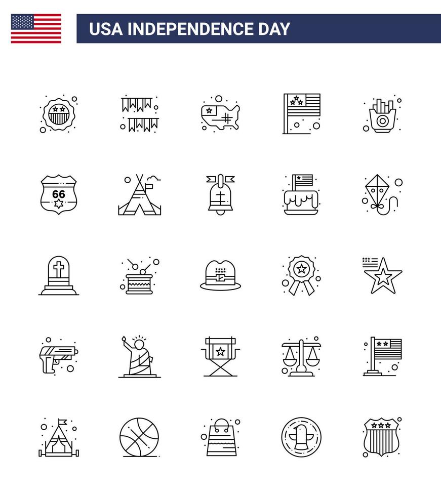 Stock Vector Icon Pack von American Day 25 Zeilenzeichen und Symbolen für schnelle Flaggenpartei Land USA editierbare USA-Tag-Vektor-Designelemente