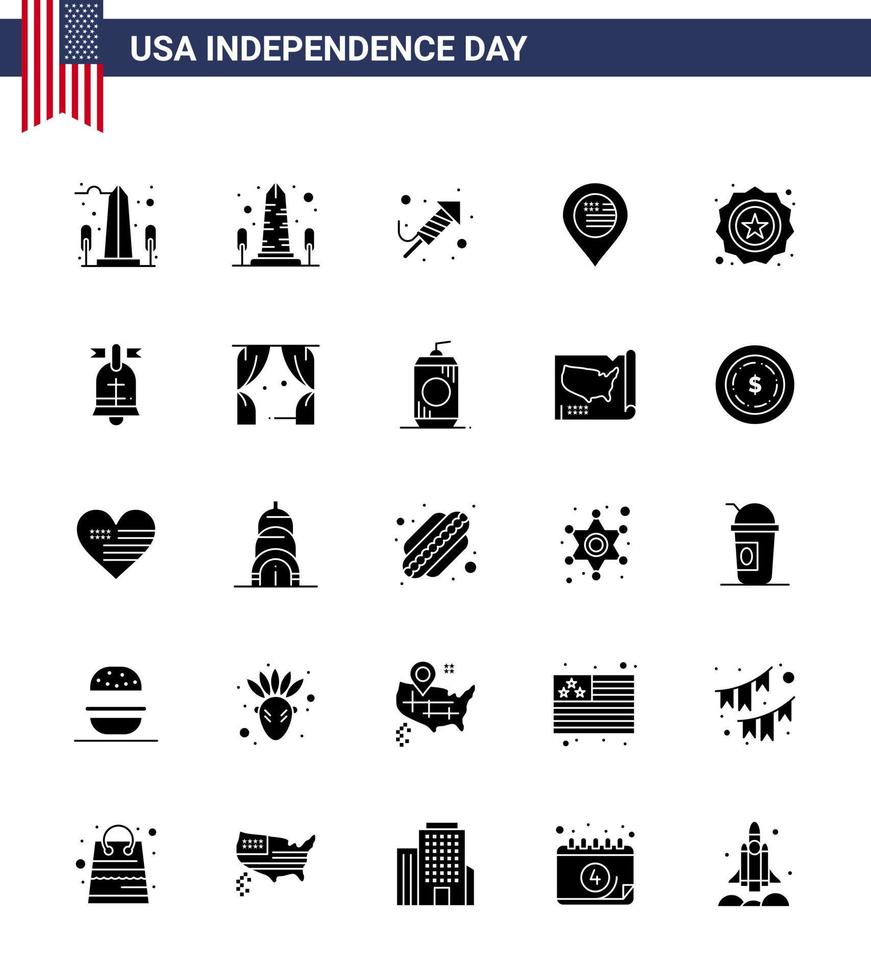 Lycklig oberoende dag 4:e juli uppsättning av 25 fast glyf amerikan pictograph av boll bricka dag säkerhet tecken redigerbar USA dag vektor design element