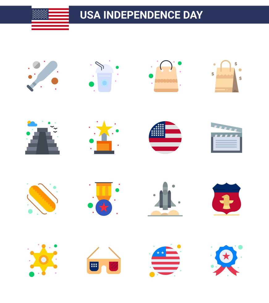 Lycklig oberoende dag 4:e juli uppsättning av 16 flats amerikan pictograph av landmärke amerikan pengar amerikan handväska redigerbar USA dag vektor design element