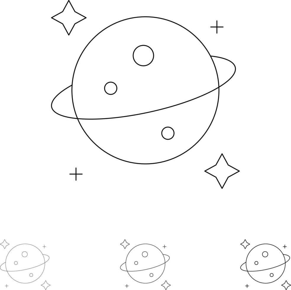Planet Saturn Space Fett und dünne schwarze Linie Symbolsatz vektor