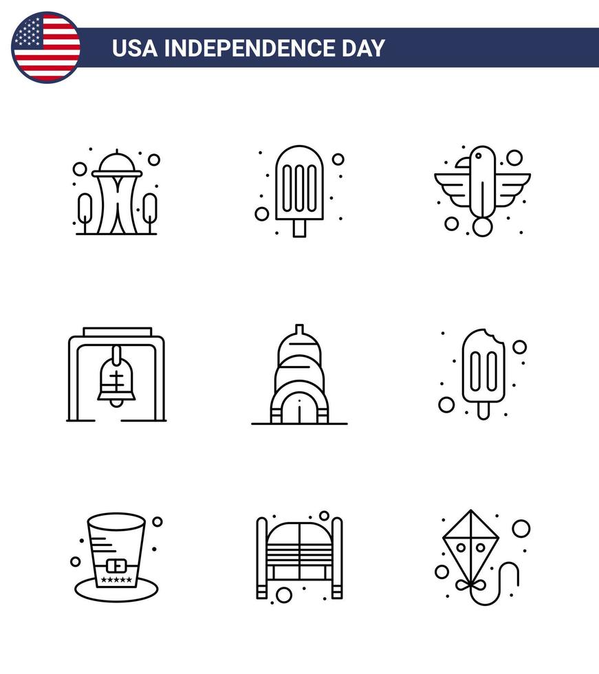 Linienpackung mit 9 Usa-Unabhängigkeitstag-Symbolen für den Bau von Kirchenglockentier-Weihnachtsglockenalarm editierbare Usa-Tag-Vektordesign-Elemente vektor
